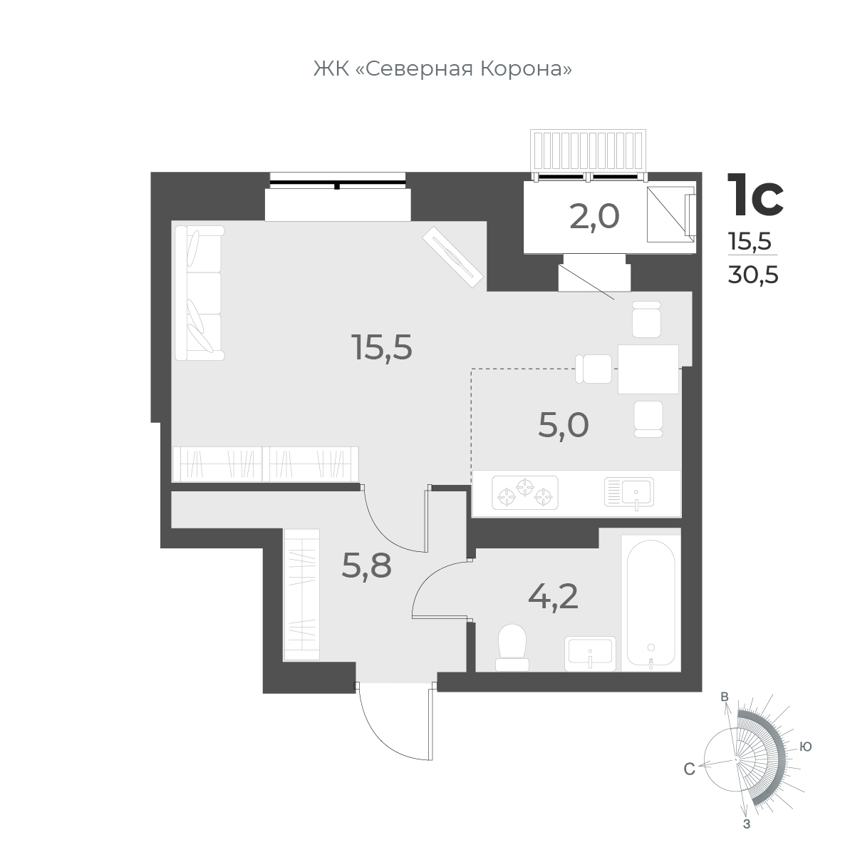 1-комнатная квартира 30.5м2 ЖК Дежнёв