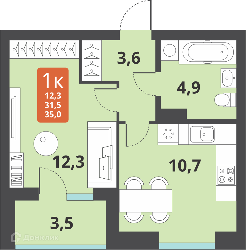 1-комнатная квартира 31.5м2 ЖК Тайгинский парк