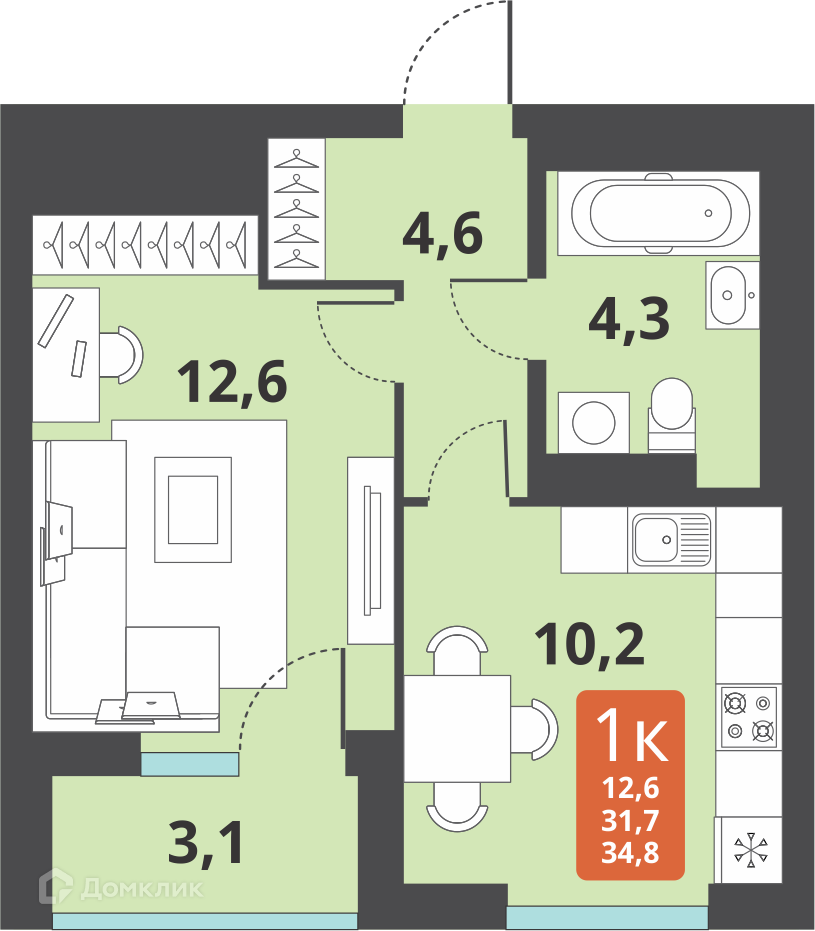 1-комнатная квартира 31.7м2 ЖК Тайгинский парк