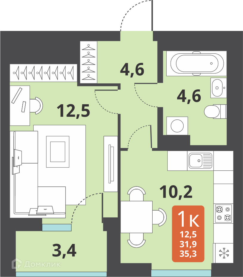 1-комнатная квартира 31.9м2 ЖК Тайгинский парк