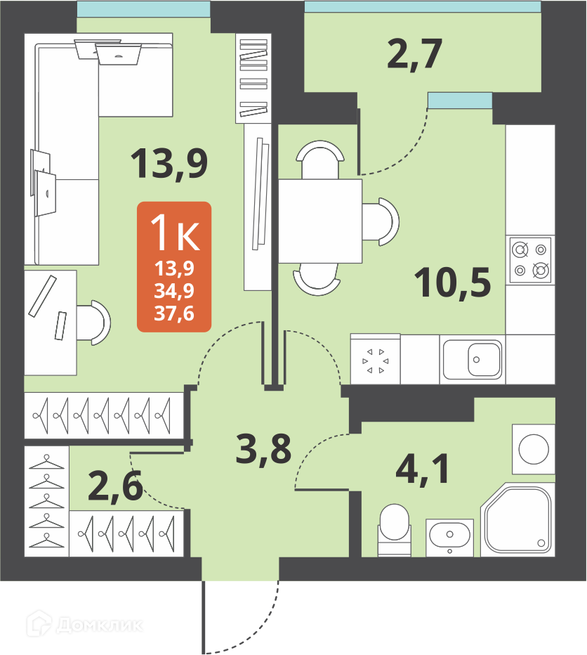 1-комнатная квартира 34.9м2 ЖК Тайгинский парк