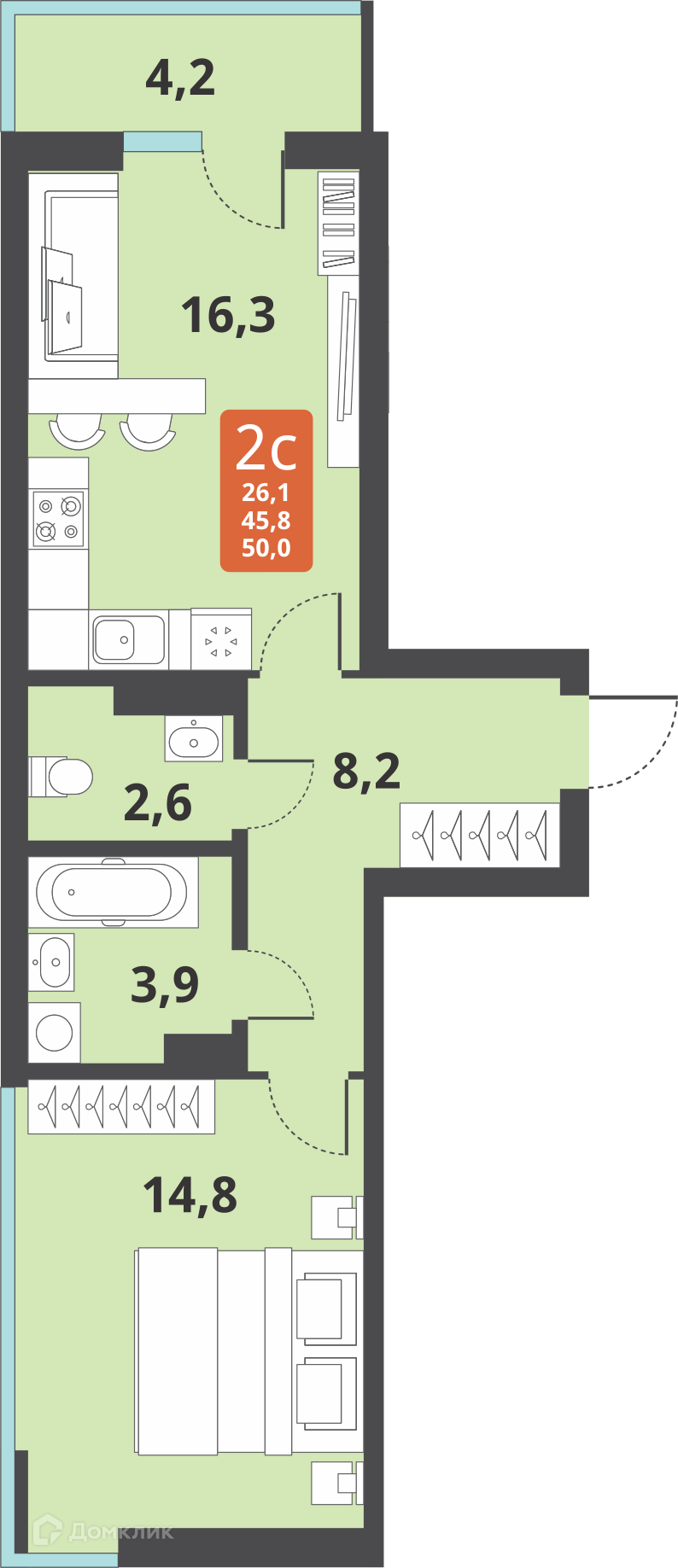 2-комнатная квартира 45.8м2 ЖК Тайгинский парк