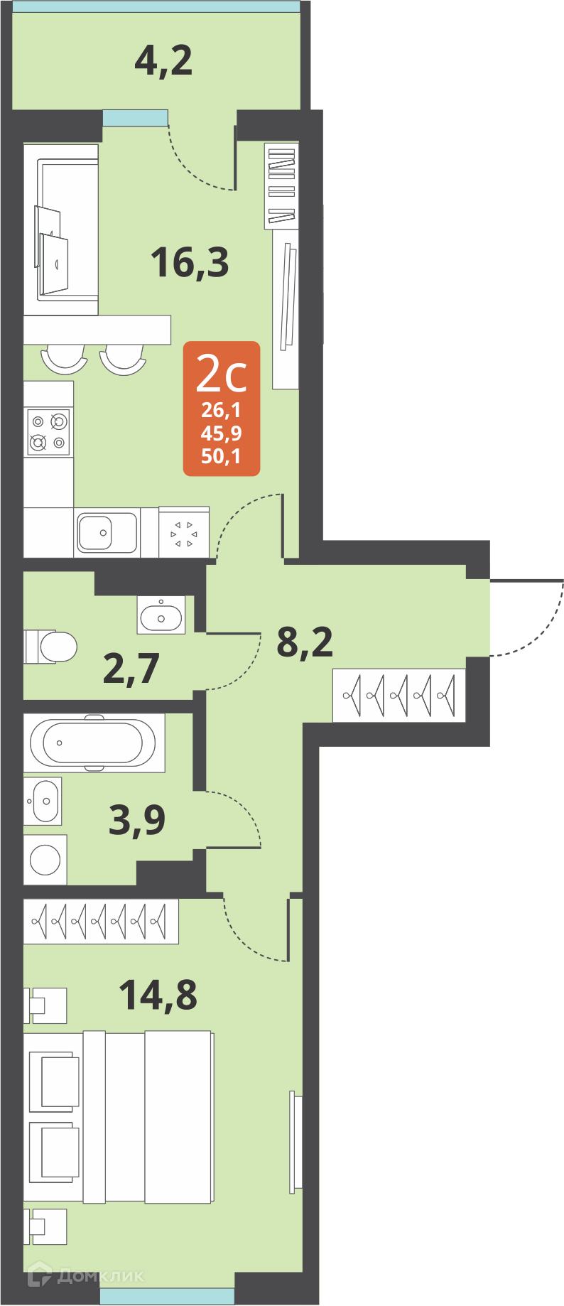 2-комнатная квартира 45.9м2 ЖК Тайгинский парк