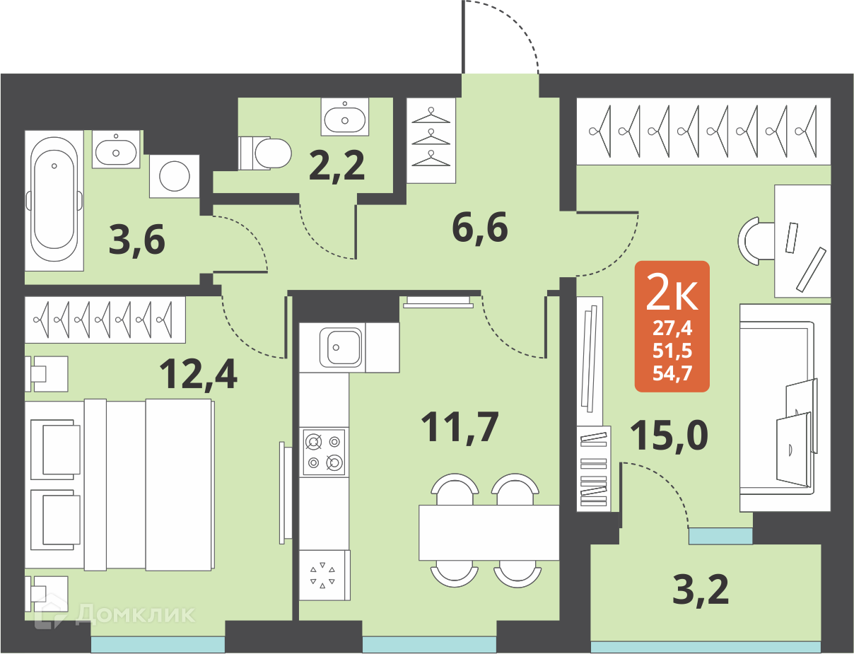 2-комнатная квартира 51.5м2 ЖК Тайгинский парк