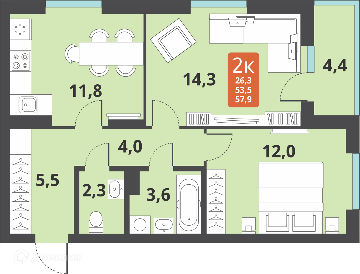 2-комнатная квартира 53.5м2 ЖК Тайгинский парк