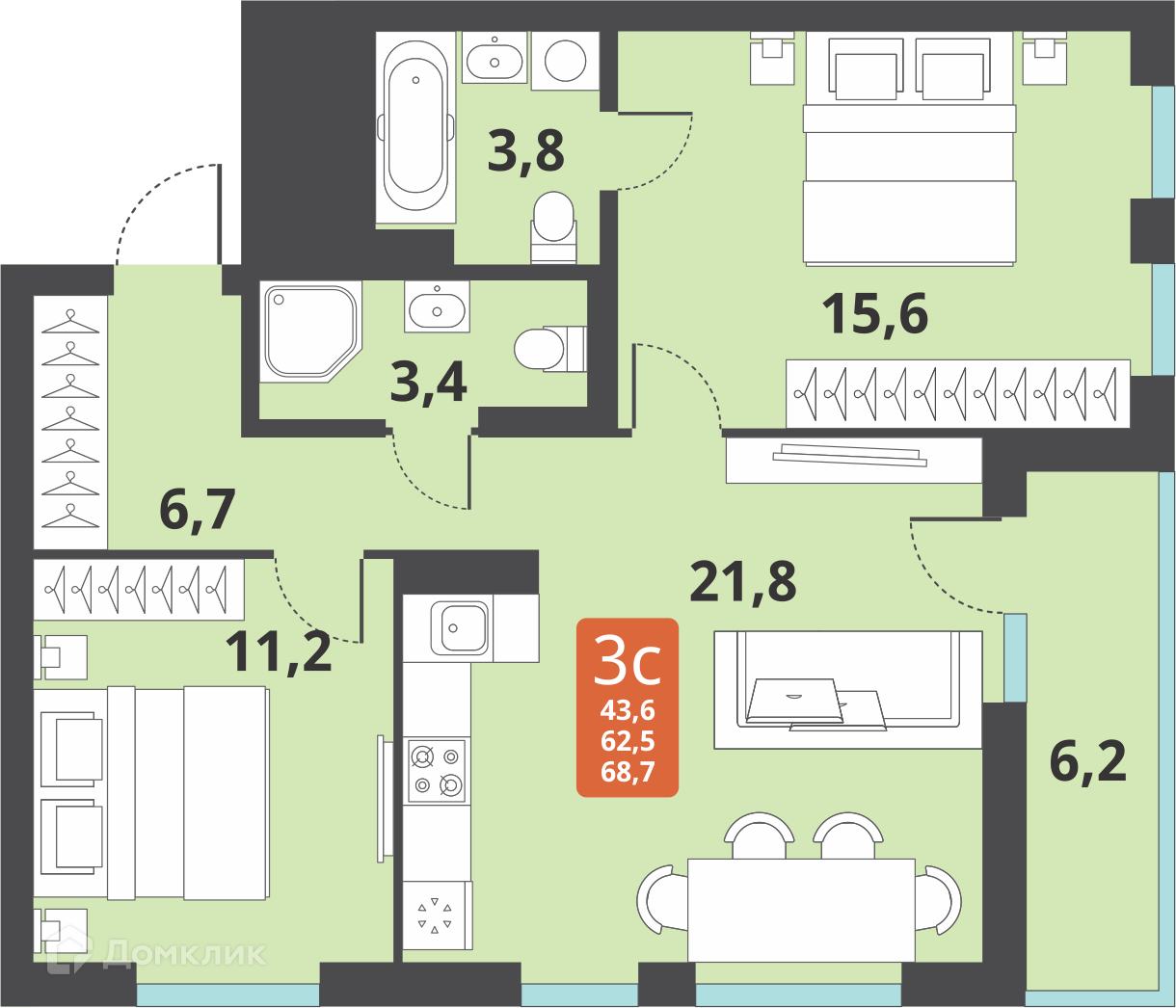 3-комнатная квартира 62.5м2 ЖК Тайгинский парк