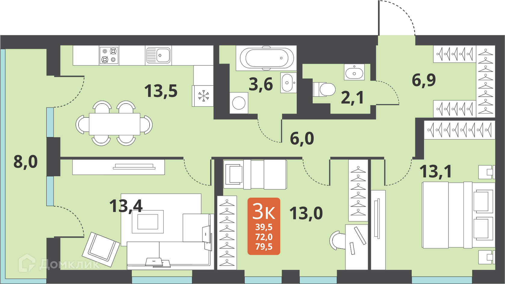 3-комнатная квартира 71.5м2 ЖК Тайгинский парк