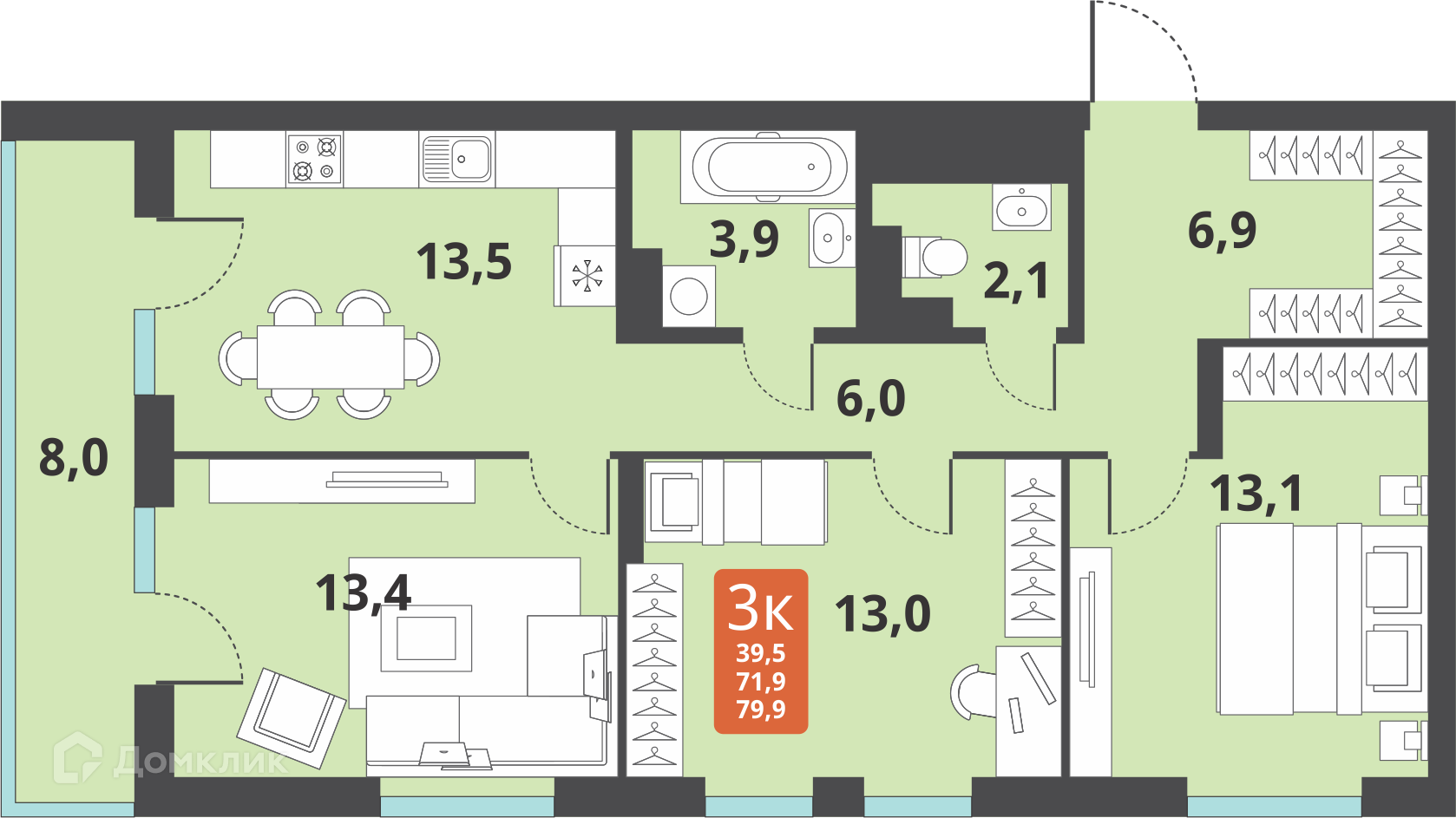 3-комнатная квартира 71.9м2 ЖК Тайгинский парк