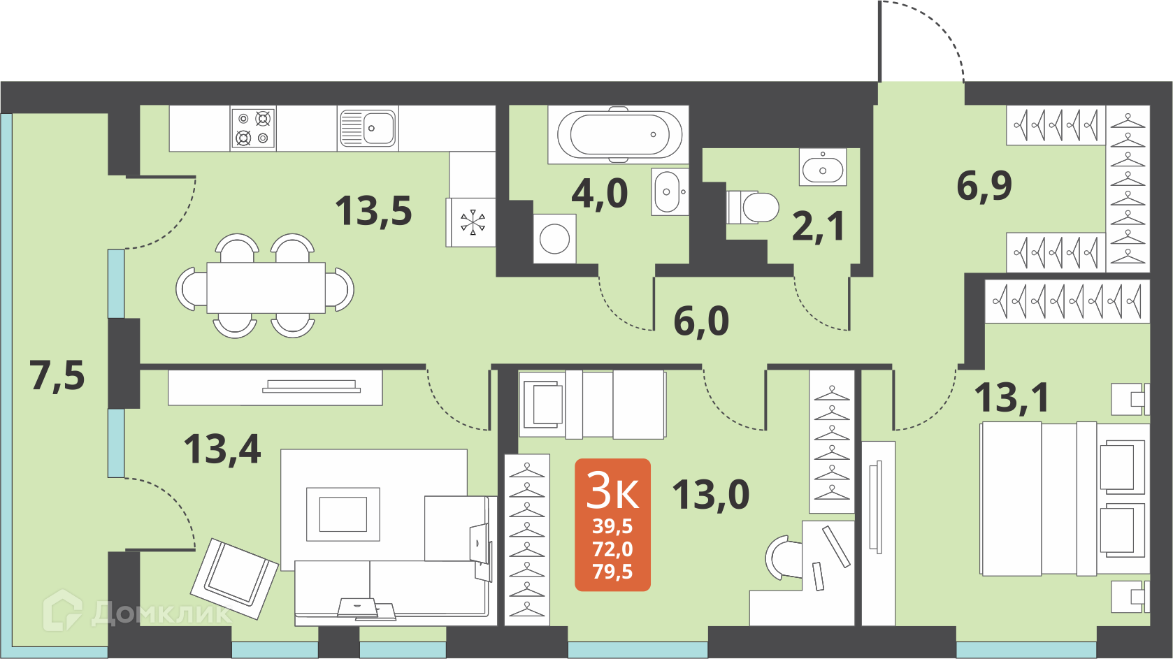 3-комнатная квартира 72м2 ЖК Тайгинский парк