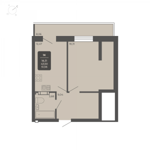 1-комнатная квартира 51.56м2 ЖК Nova apart