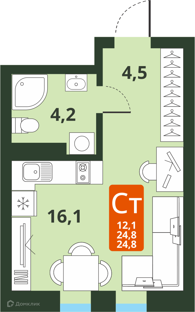 1-комнатная квартира 24.8м2 ЖК Тайгинский парк