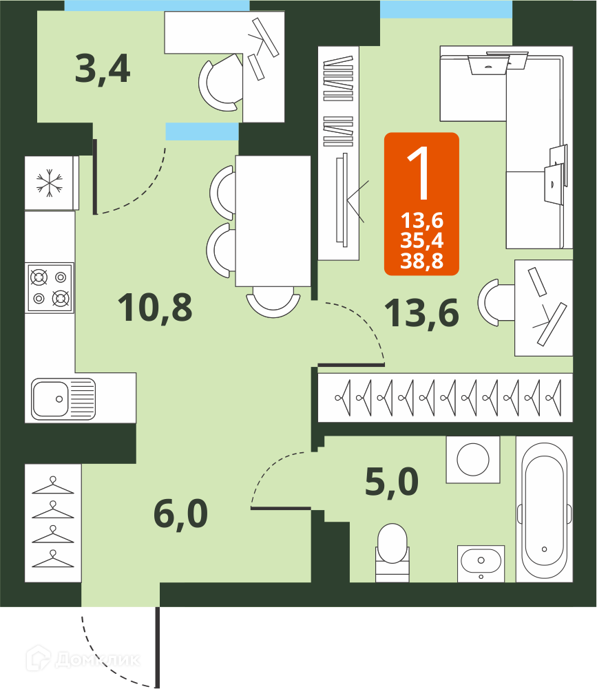 1-комнатная квартира 35.4м2 ЖК Тайгинский парк