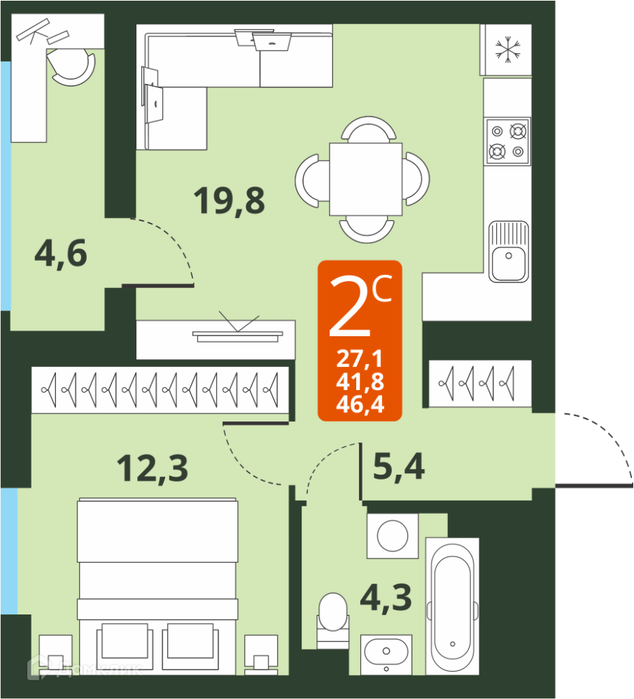 2-комнатная квартира 41.8м2 ЖК Тайгинский парк