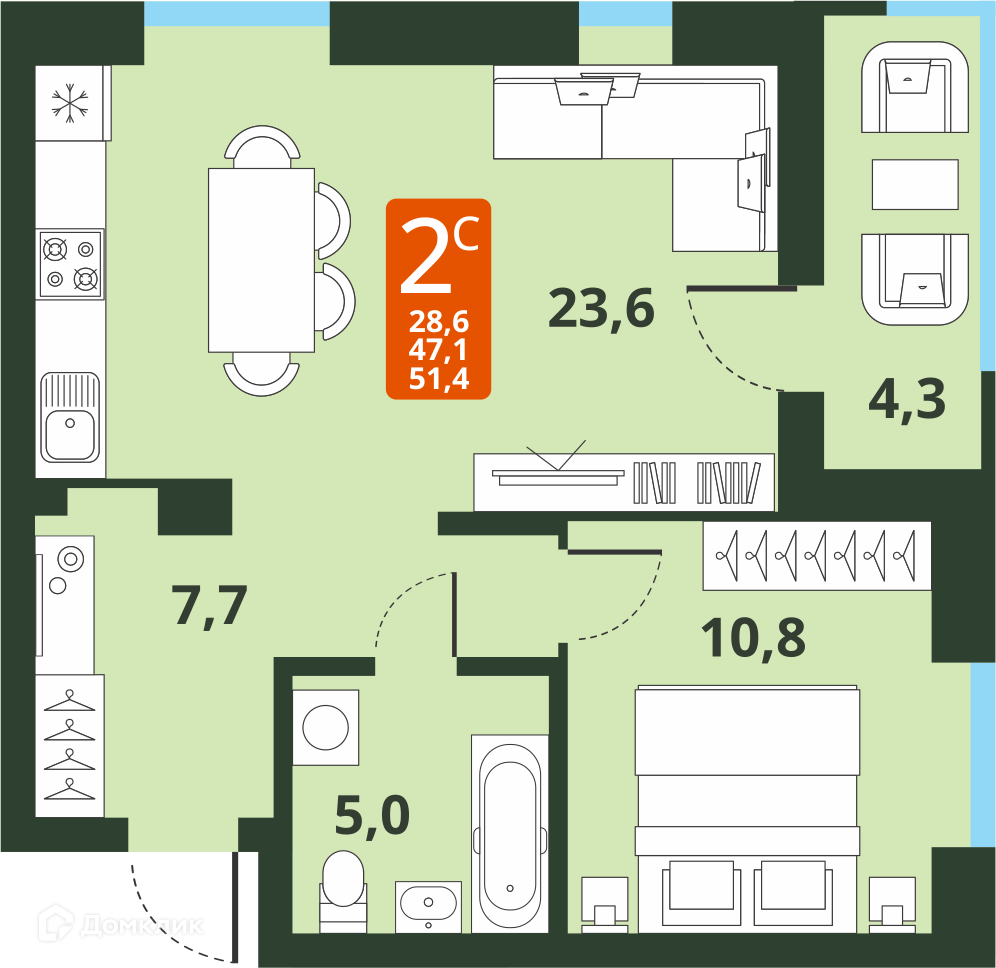 2-комнатная квартира 47.1м2 ЖК Тайгинский парк