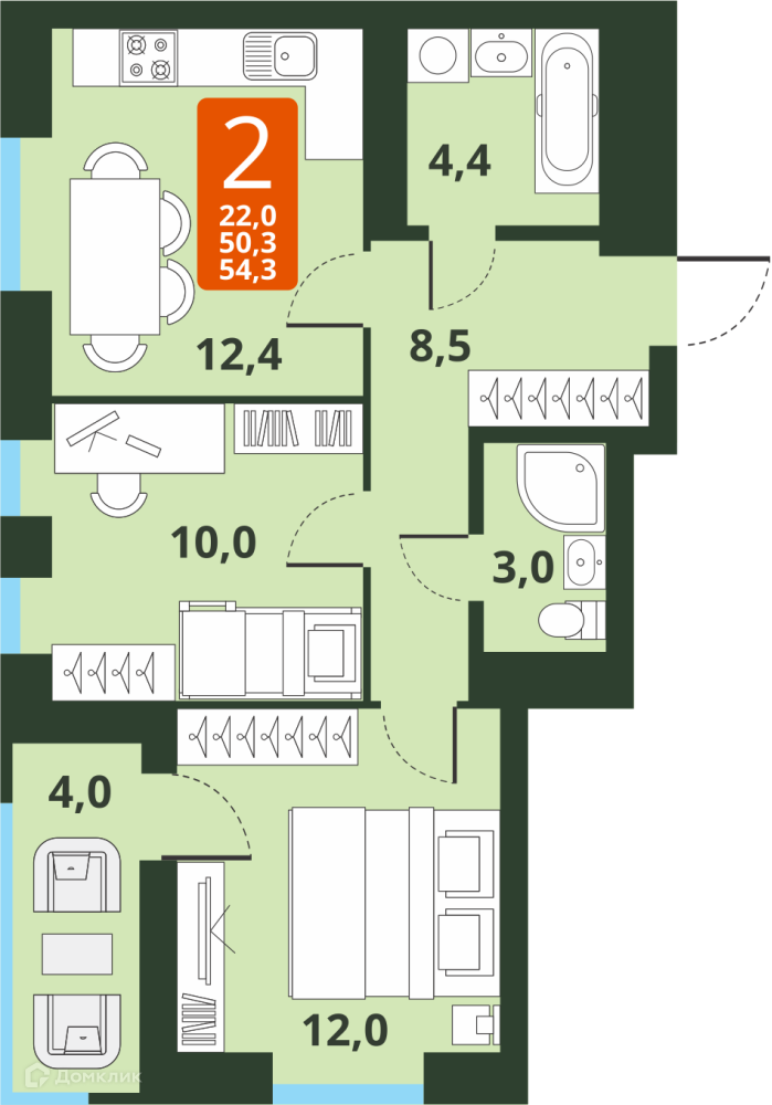 2-комнатная квартира 50.3м2 ЖК Тайгинский парк