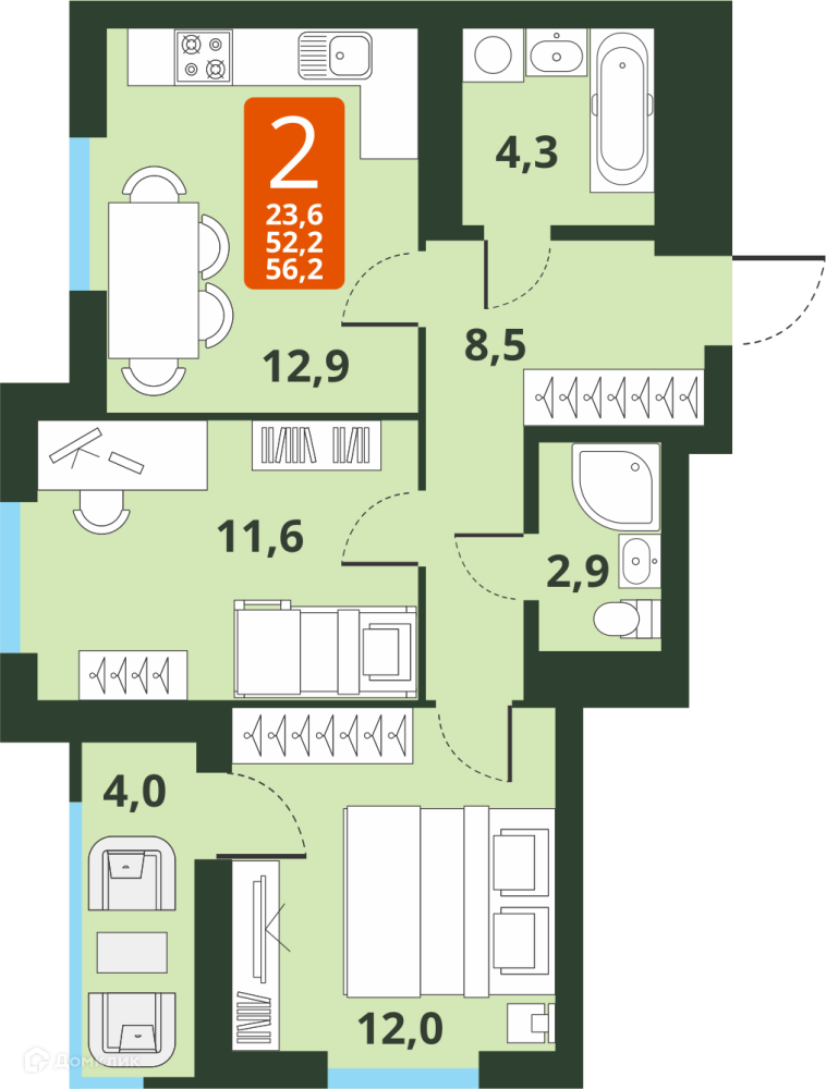 2-комнатная квартира 52.2м2 ЖК Тайгинский парк