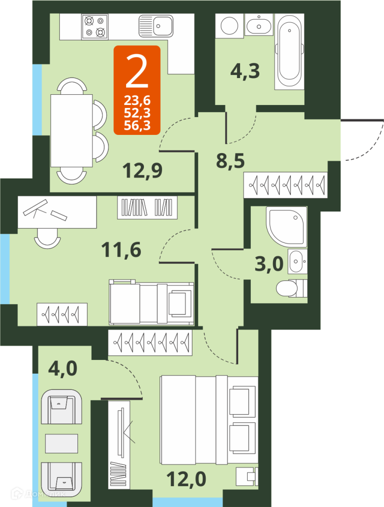 2-комнатная квартира 52.3м2 ЖК Тайгинский парк