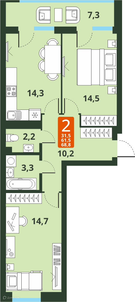 2-комнатная квартира 61.5м2 ЖК Тайгинский парк