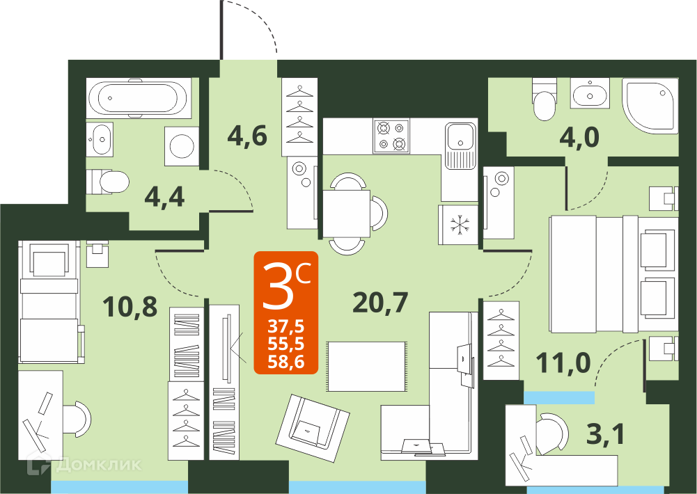 3-комнатная квартира 55.5м2 ЖК Тайгинский парк