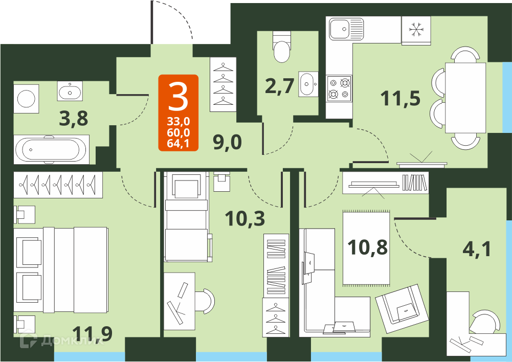 3-комнатная квартира 60м2 ЖК Тайгинский парк