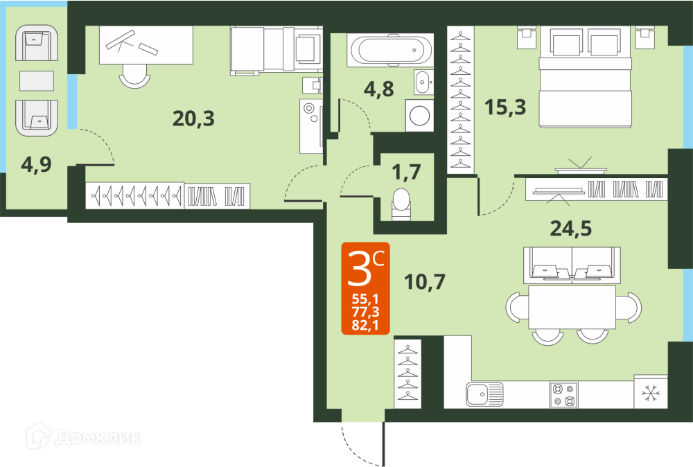 3-комнатная квартира 77.2м2 ЖК Тайгинский парк