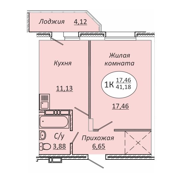 1-комнатная квартира 41.18м2 ЖК Комета-Октябрьский