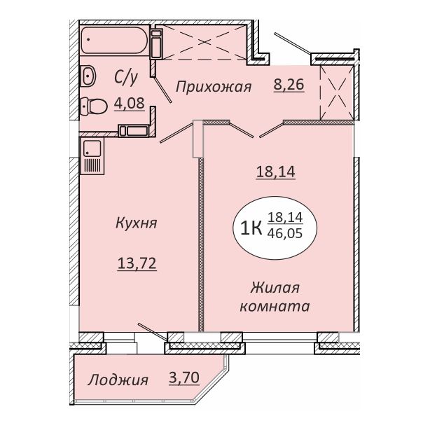1-комнатная квартира 46.05м2 ЖК Комета-Октябрьский