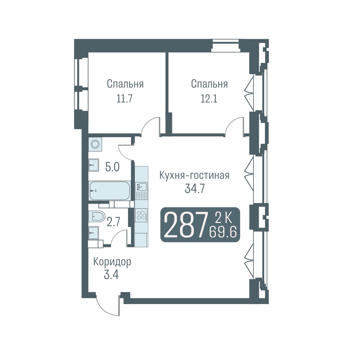 2-комнатная квартира 69.6м2 ЖК Кварталы Немировича