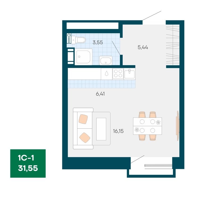 1-комнатная квартира 31.55м2 ЖК Akadem Klubb