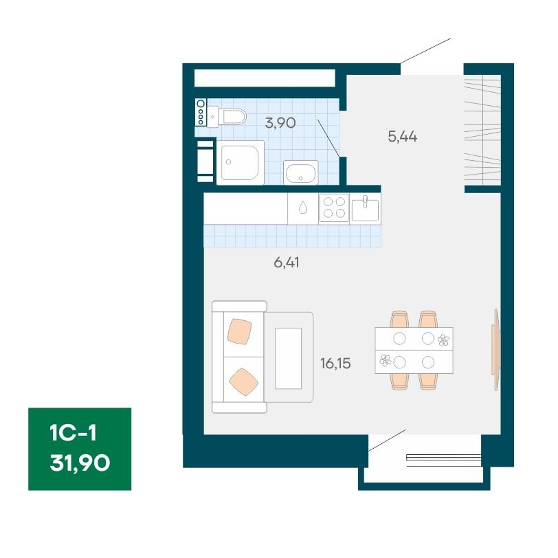 1-комнатная квартира 31.9м2 ЖК Akadem Klubb