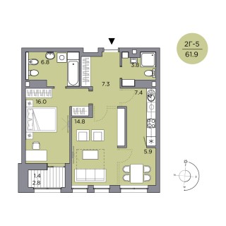 2-комнатная квартира 61.4м2 ЖК Нобель