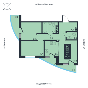 3-комнатная квартира 55.61м2 ЖК Никольский парк