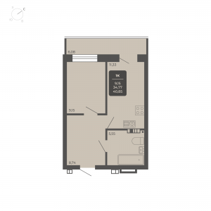 1-комнатная квартира 40.85м2 Апартаментах Nova apart