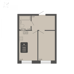 1-комнатная квартира 41.2м2 Апартаментах Nova apart