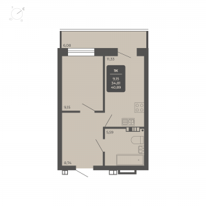 1-комнатная квартира 40.89м2 Апартаментах Nova apart