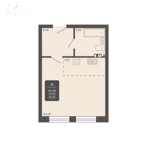 1-комнатная квартира 37.33м2 Апартаментах Nova apart
