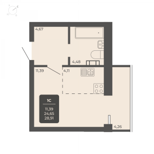 1-комнатная квартира 28.91м2 Апартаментах Nova apart