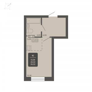 1-комнатная квартира 26.32м2 Апартаментах Nova apart