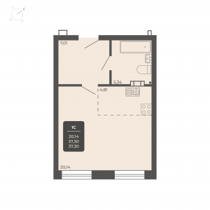 1-комнатная квартира 37.3м2 Апартаментах Nova apart