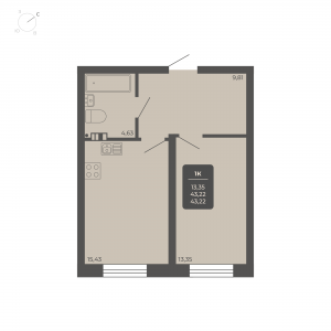 1-комнатная квартира 43.22м2 Апартаментах Nova apart