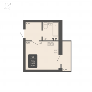 1-комнатная квартира 28.97м2 Апартаментах Nova apart