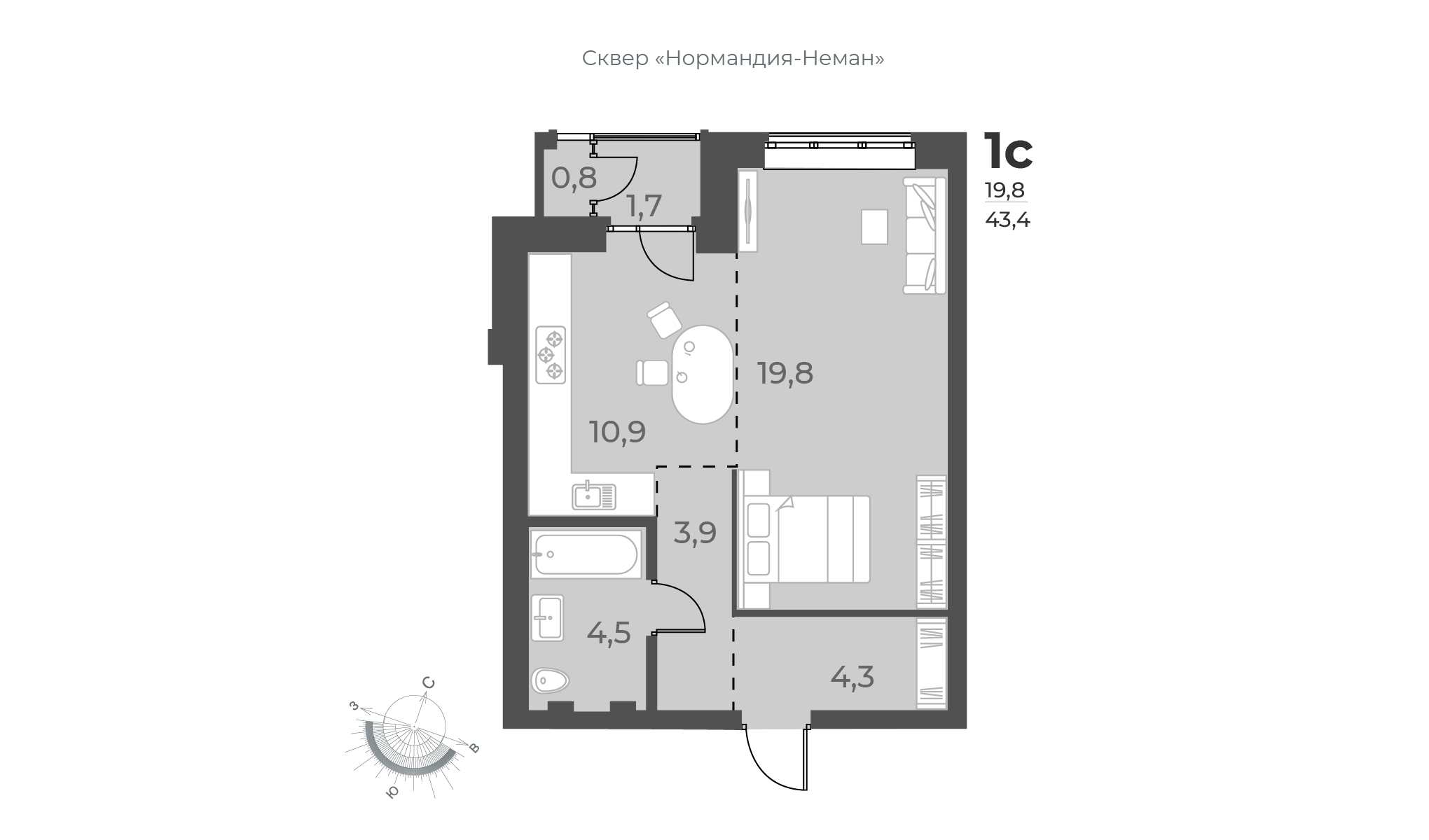 1-комнатная квартира 43.4м2 ЖК Нормандия-Неман