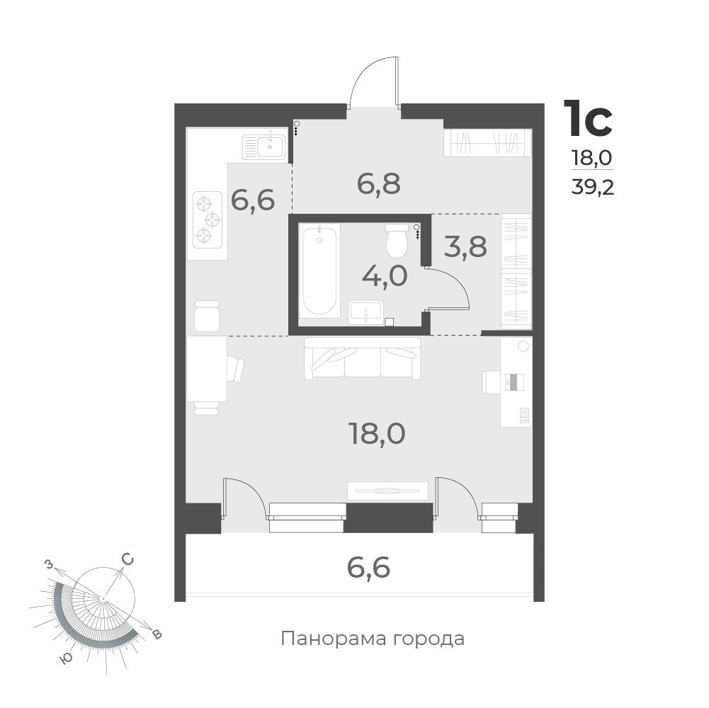 1-комнатная квартира 39.2м2 ЖК Нормандия-Неман