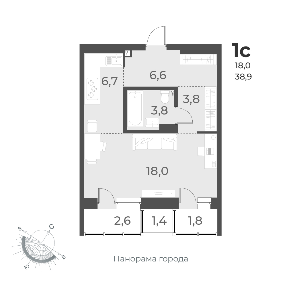 1-комнатная квартира 38.9м2 ЖК Нормандия-Неман