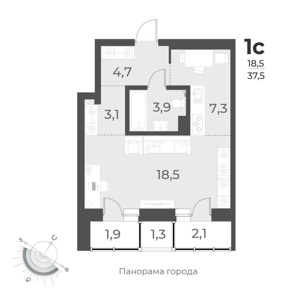 1-комнатная квартира 37.5м2 ЖК Нормандия-Неман