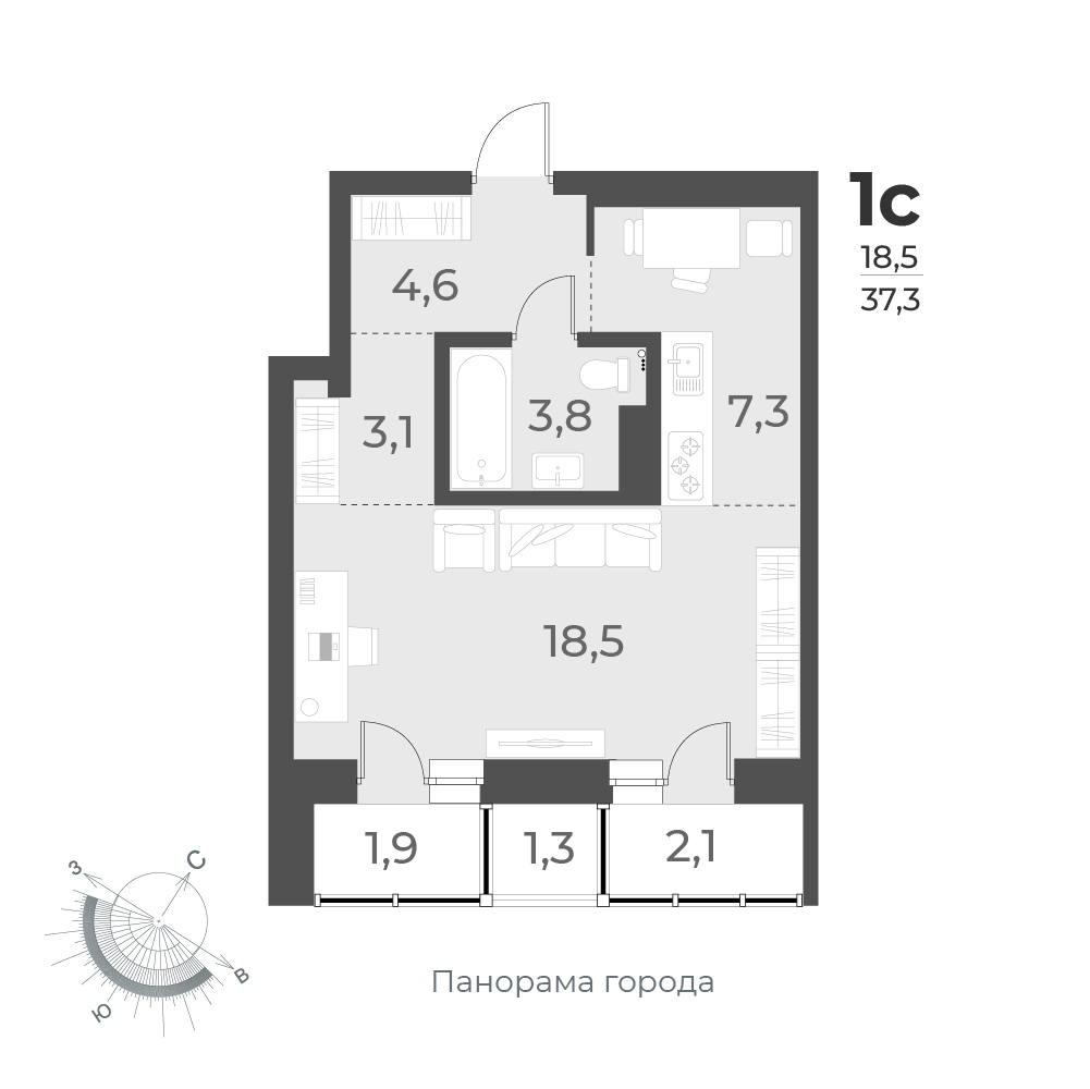 1-комнатная квартира 37.3м2 ЖК Нормандия-Неман