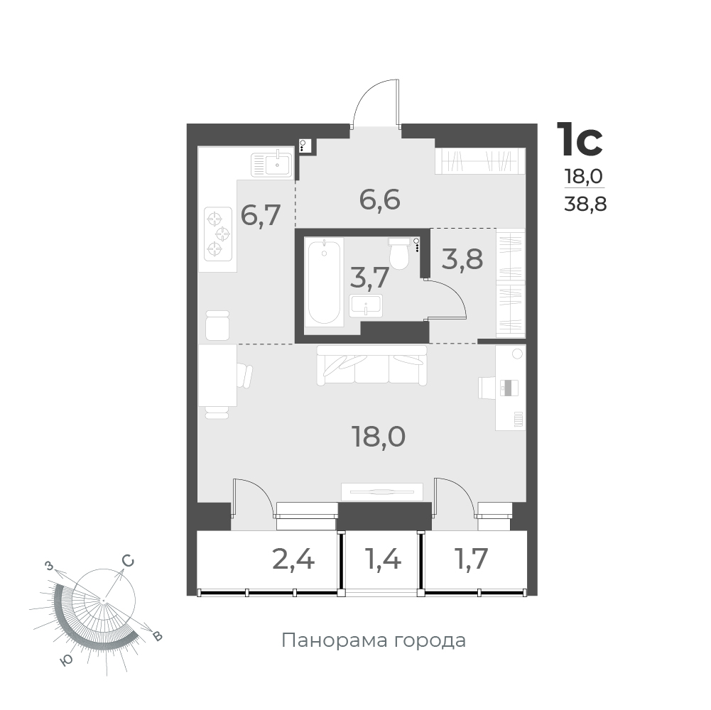 1-комнатная квартира 38.8м2 ЖК Нормандия-Неман