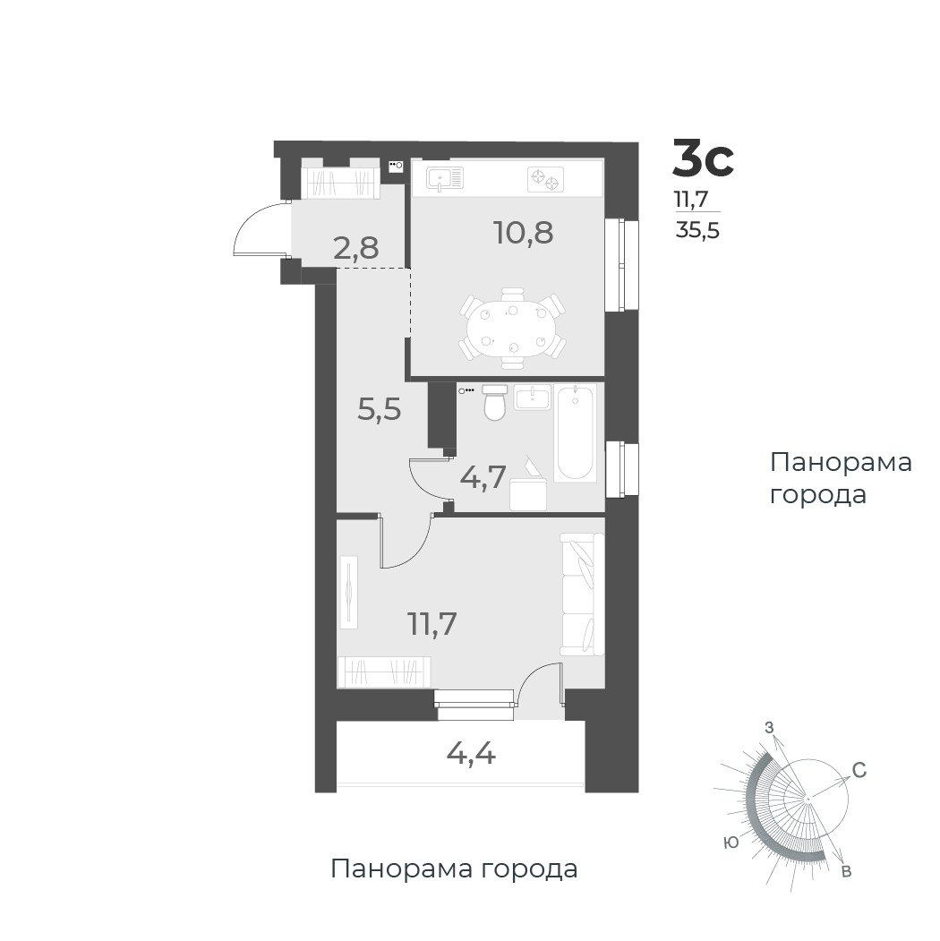 1-комнатная квартира 35.5м2 ЖК Нормандия-Неман