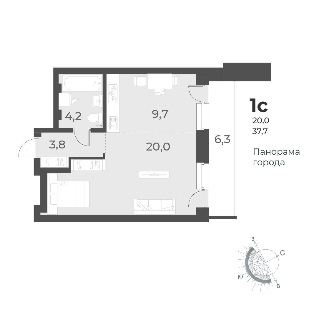 1-комнатная квартира 37.7м2 ЖК Нормандия-Неман