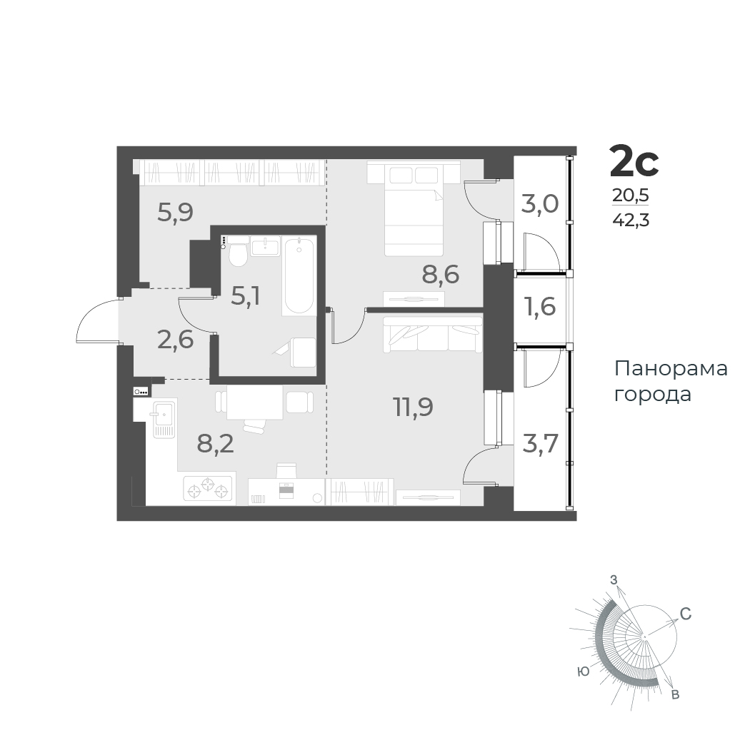 2-комнатная квартира 42.3м2 ЖК Нормандия-Неман